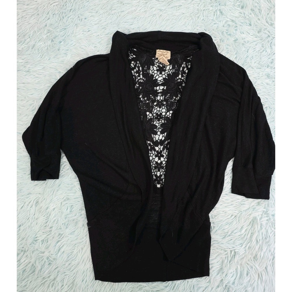 Eyelash Couture Black Cardigan Sheer Lace Back Open Front 3/4 Sleeve Med